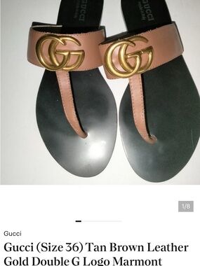 Gucci (Size 36) Tan Brown Leather Gold Double G Logo Marmont Thong Sandals